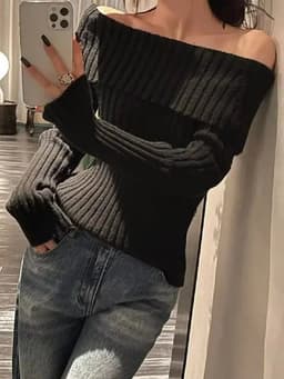 image-2022 Autumn Winter Solid Color Rib Knitted Off the Shoulder Pullover Sweater Sexy Women Full Sleeve Slim Stretch Knitwear Jumper
