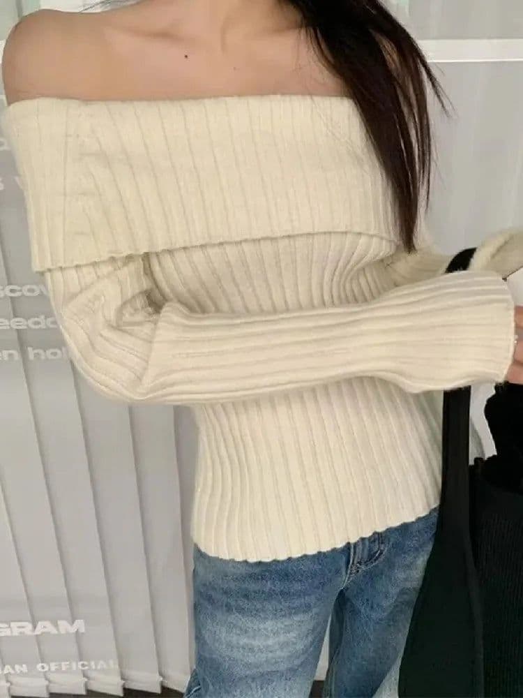 image-2022 Autumn Winter Solid Color Rib Knitted Off the Shoulder Pullover Sweater Sexy Women Full Sleeve Slim Stretch Knitwear Jumper