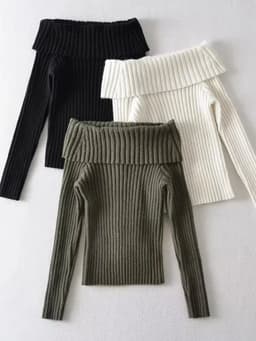 image-2022 Autumn Winter Solid Color Rib Knitted Off the Shoulder Pullover Sweater Sexy Women Full Sleeve Slim Stretch Knitwear Jumper