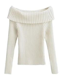 image-2022 Autumn Winter Solid Color Rib Knitted Off the Shoulder Pullover Sweater Sexy Women Full Sleeve Slim Stretch Knitwear Jumper