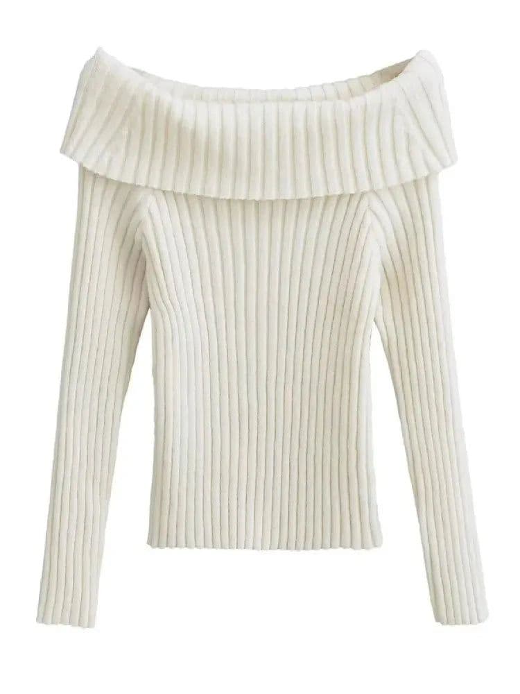 image-2022 Autumn Winter Solid Color Rib Knitted Off the Shoulder Pullover Sweater Sexy Women Full Sleeve Slim Stretch Knitwear Jumper