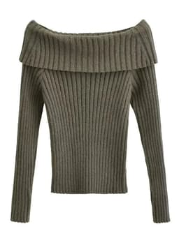 image-2022 Autumn Winter Solid Color Rib Knitted Off the Shoulder Pullover Sweater Sexy Women Full Sleeve Slim Stretch Knitwear Jumper