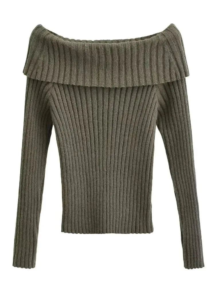 image-2022 Autumn Winter Solid Color Rib Knitted Off the Shoulder Pullover Sweater Sexy Women Full Sleeve Slim Stretch Knitwear Jumper