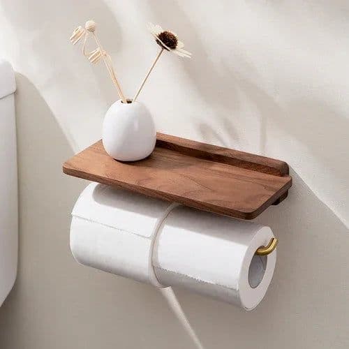 image-Punch-free Solid Wood Tissue Holder Restroom Wall Paper Towel Holder Toilet Paper Storage Stand Shelf Bathroom Accessories