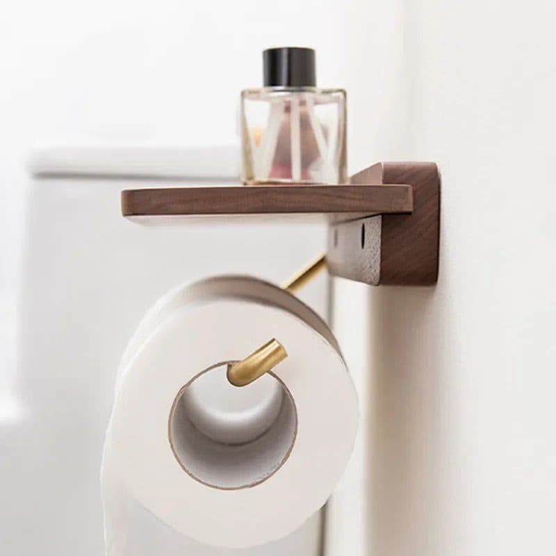 image-Punch-free Solid Wood Tissue Holder Restroom Wall Paper Towel Holder Toilet Paper Storage Stand Shelf Bathroom Accessories
