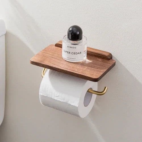 image-Punch-free Solid Wood Tissue Holder Restroom Wall Paper Towel Holder Toilet Paper Storage Stand Shelf Bathroom Accessories