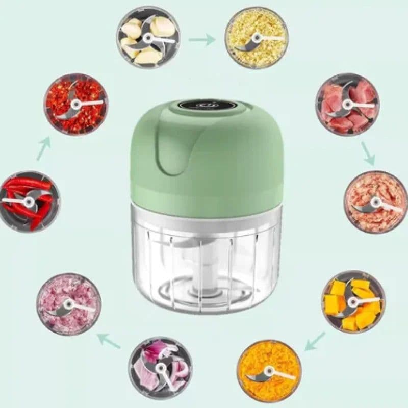 image-Mini Processador Elétrico de Alimentos Portátil com 3 lâminas de aço inox USB 250 ml Bivolt