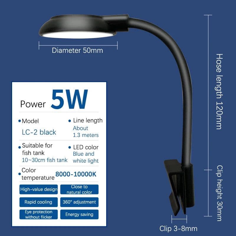 image-5W USB Plugs Fish Tanks Clip-on Light Clamp Aquarium Lights LED Beads White And Blue Lights 360-Degree Rotations