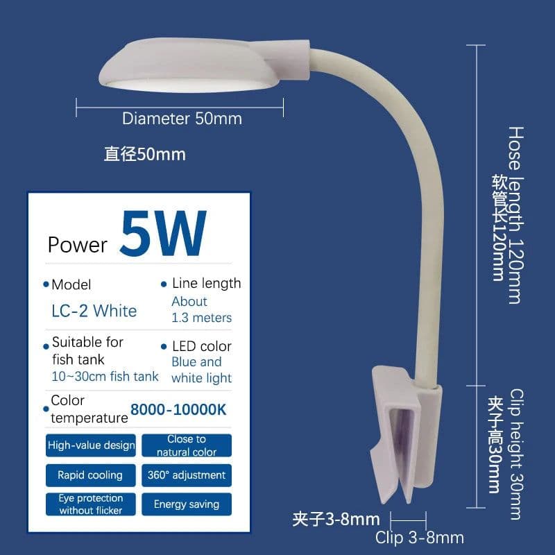 image-5W USB Plugs Fish Tanks Clip-on Light Clamp Aquarium Lights LED Beads White And Blue Lights 360-Degree Rotations