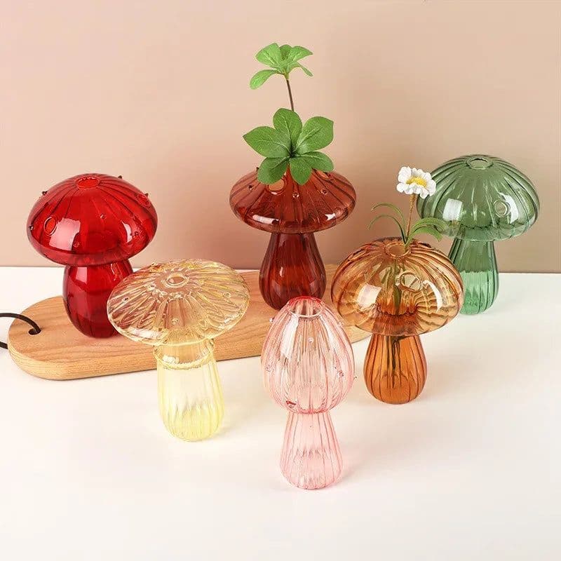 image-Transparent Jelly Color Mushroom Glass Vase Aromatherapy Bottle Home Small Vase Hydroponic Flower Pot Simple Table Decoration