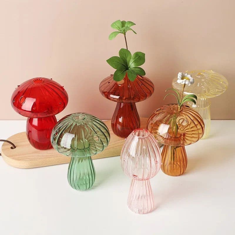 image-Transparent Jelly Color Mushroom Glass Vase Aromatherapy Bottle Home Small Vase Hydroponic Flower Pot Simple Table Decoration