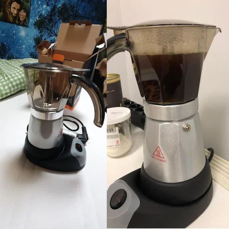 image-3 to 6 Cup Maker Electric Italian Coffee Top Moka Pot Percolators Tool Filter Cartridge EU Plug Aluminium 220V