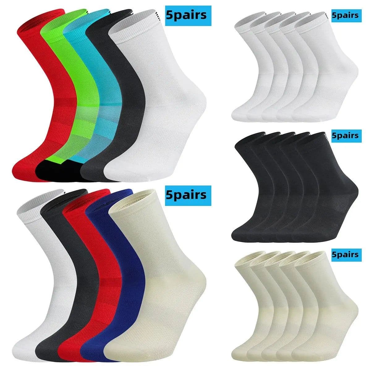 image-5 Pairs Cycling Socks Men Women Breathable Crew Bike Running Socks Fashion Compression Climbing Travelling Walking Hiking Socks