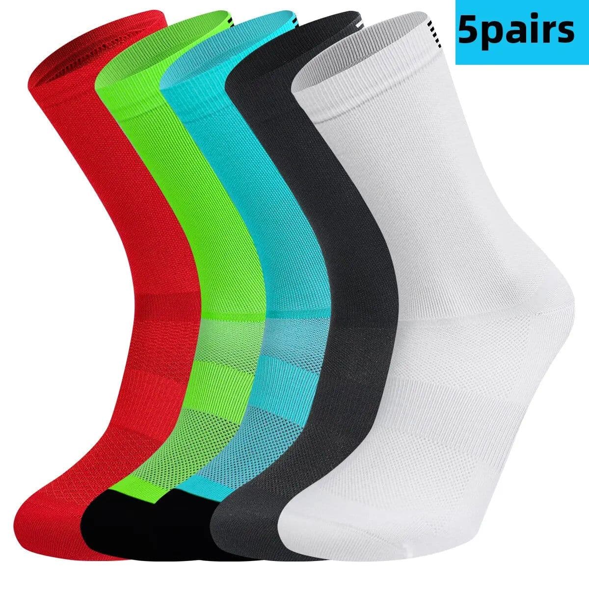 image-5 Pairs Cycling Socks Men Women Breathable Crew Bike Running Socks Fashion Compression Climbing Travelling Walking Hiking Socks