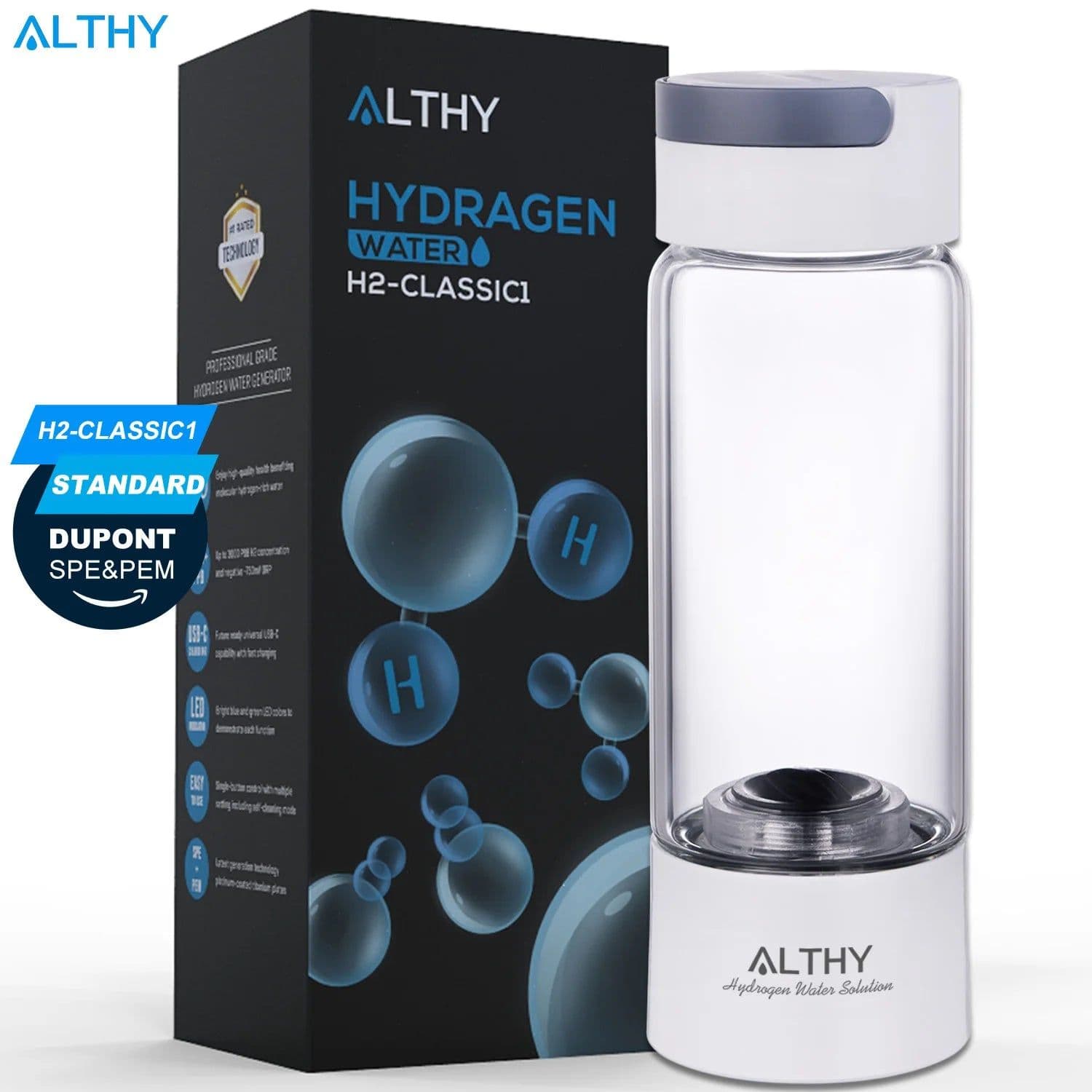 image-ALTHY Hydrogen Rich Water Generator Bottle - Glass Cupbody - DuPont SPE & PEM Dual Chamber Maker Ionizer - H2 Inhalation Device