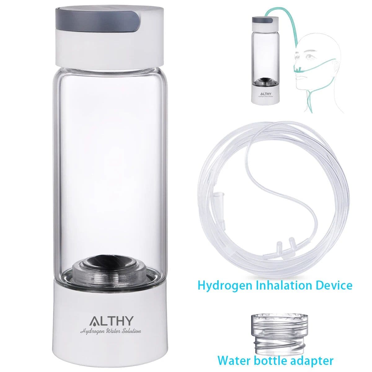 image-ALTHY Hydrogen Rich Water Generator Bottle - Glass Cupbody - DuPont SPE & PEM Dual Chamber Maker Ionizer - H2 Inhalation Device