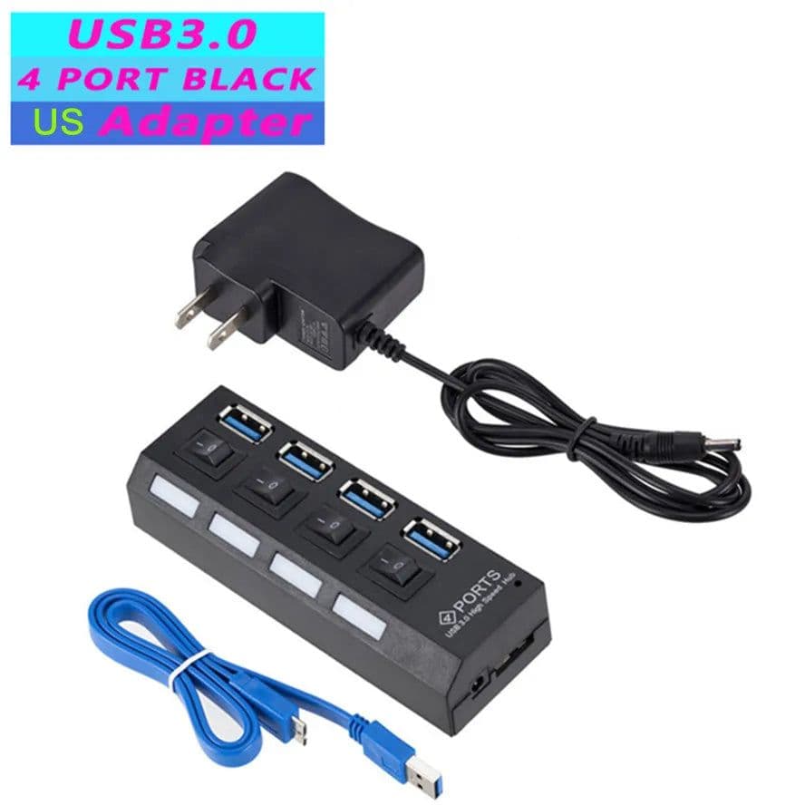 image-USB 3.0 Hub 5Gbps High Speed Multi USB Splitter 3 Hab Use Power Adapter 4 Port Multiple Expander Hub With Switch For PC Laptop