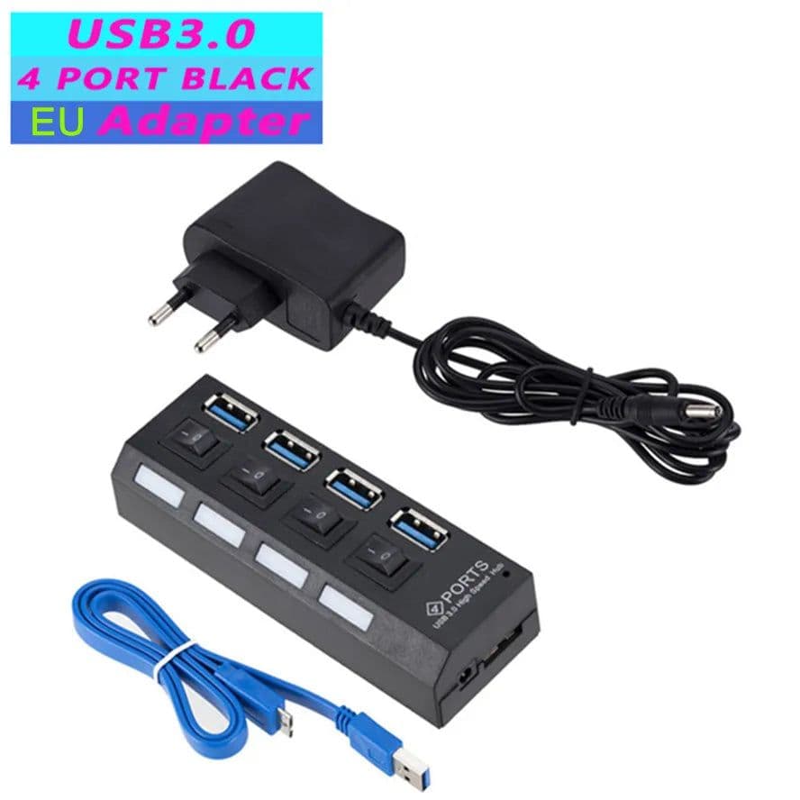 image-USB 3.0 Hub 5Gbps High Speed Multi USB Splitter 3 Hab Use Power Adapter 4 Port Multiple Expander Hub With Switch For PC Laptop
