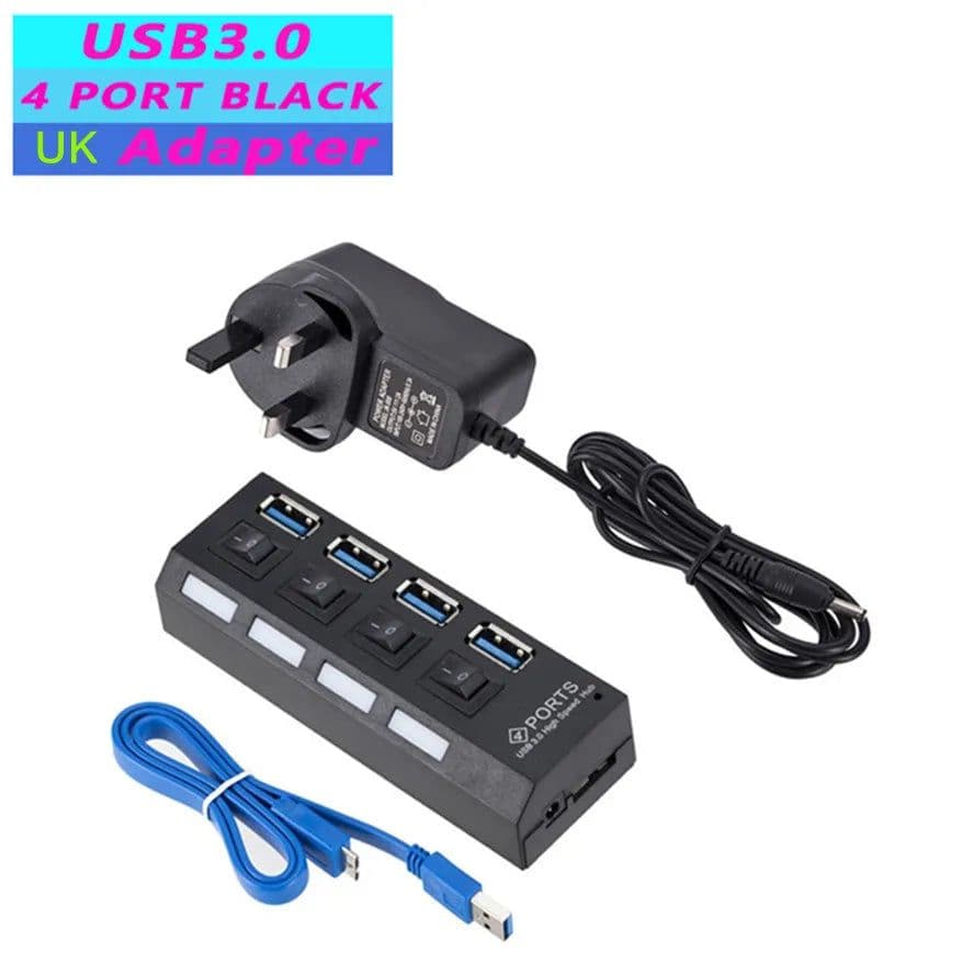 image-USB 3.0 Hub 5Gbps High Speed Multi USB Splitter 3 Hab Use Power Adapter 4 Port Multiple Expander Hub With Switch For PC Laptop