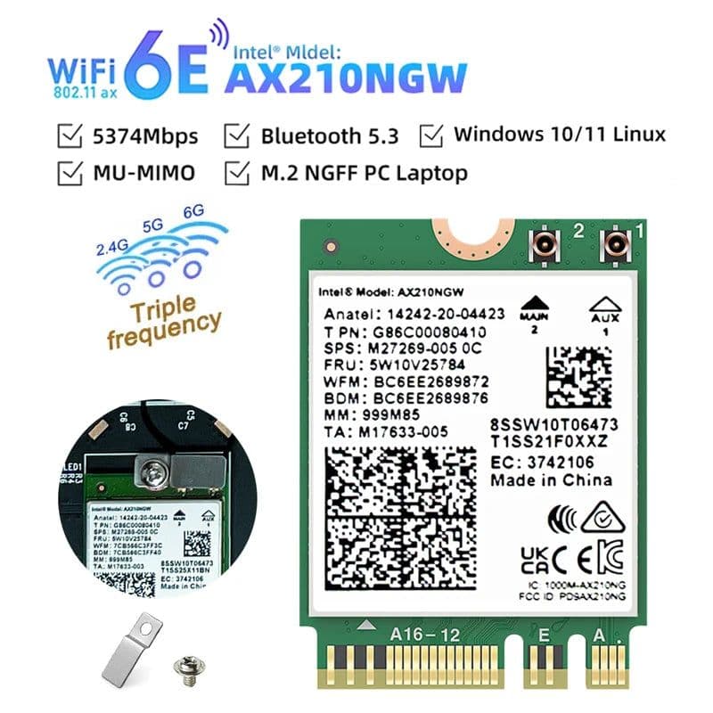 image-WiFi Intel AX210 Bluetooth 5.3 M.2 Wireless Card AX210NGW 5374Mbps 2.4Ghz 5Ghz 6Ghz 802.11ax Wifi Adapter For laptop PC