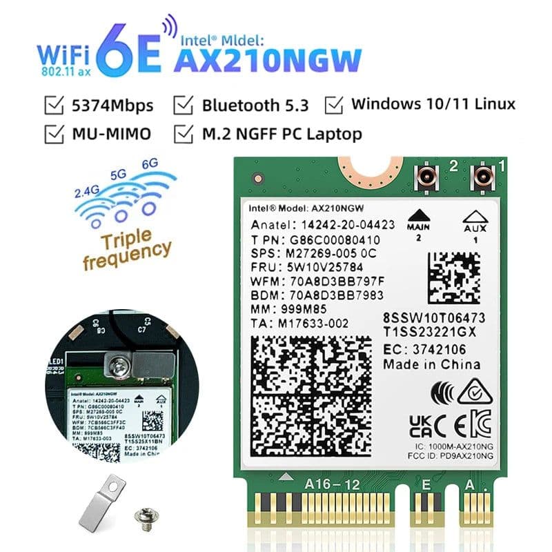 image-WiFi Intel AX210 Bluetooth 5.3 M.2 Wireless Card AX210NGW 5374Mbps 2.4Ghz 5Ghz 6Ghz 802.11ax Wifi Adapter For laptop PC