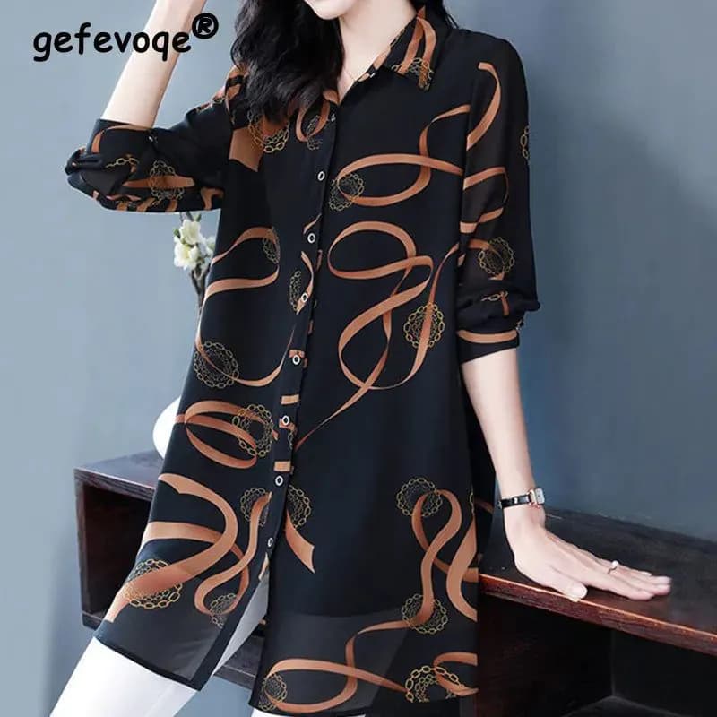 image-2022 New Summer Soft Comfortable Blouse for Women Lapel Button Up Loose Casual Chiffon Shirt Printed Long Sleeve Midi Cardigan