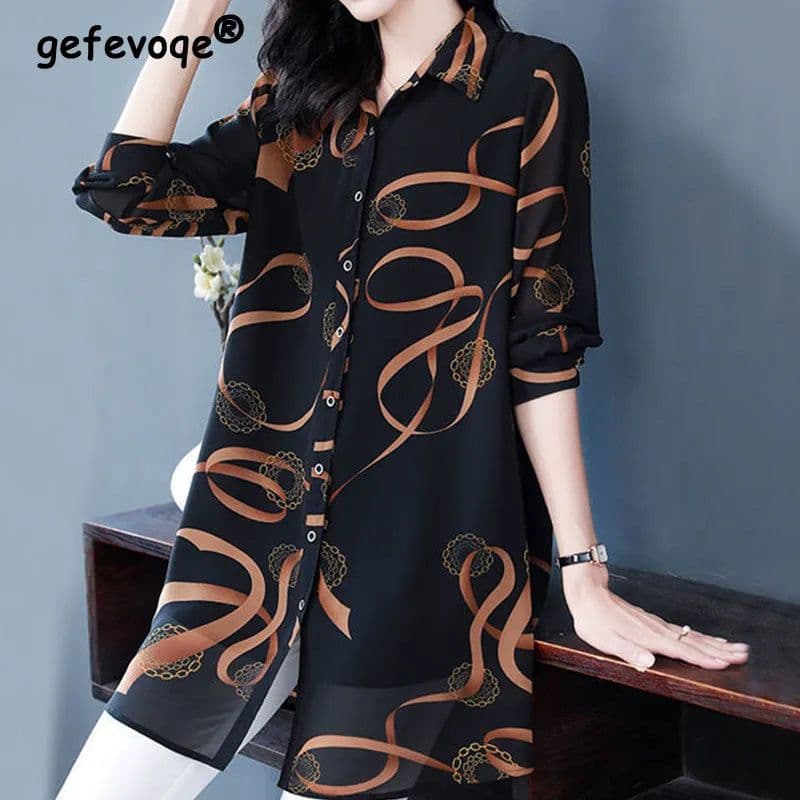 image-2022 New Summer Soft Comfortable Blouse for Women Lapel Button Up Loose Casual Chiffon Shirt Printed Long Sleeve Midi Cardigan
