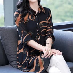 image-2022 New Summer Soft Comfortable Blouse for Women Lapel Button Up Loose Casual Chiffon Shirt Printed Long Sleeve Midi Cardigan