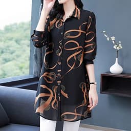 image-2022 New Summer Soft Comfortable Blouse for Women Lapel Button Up Loose Casual Chiffon Shirt Printed Long Sleeve Midi Cardigan