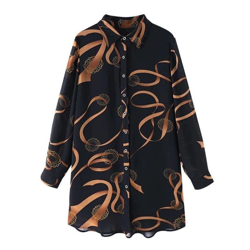 image-2022 New Summer Soft Comfortable Blouse for Women Lapel Button Up Loose Casual Chiffon Shirt Printed Long Sleeve Midi Cardigan