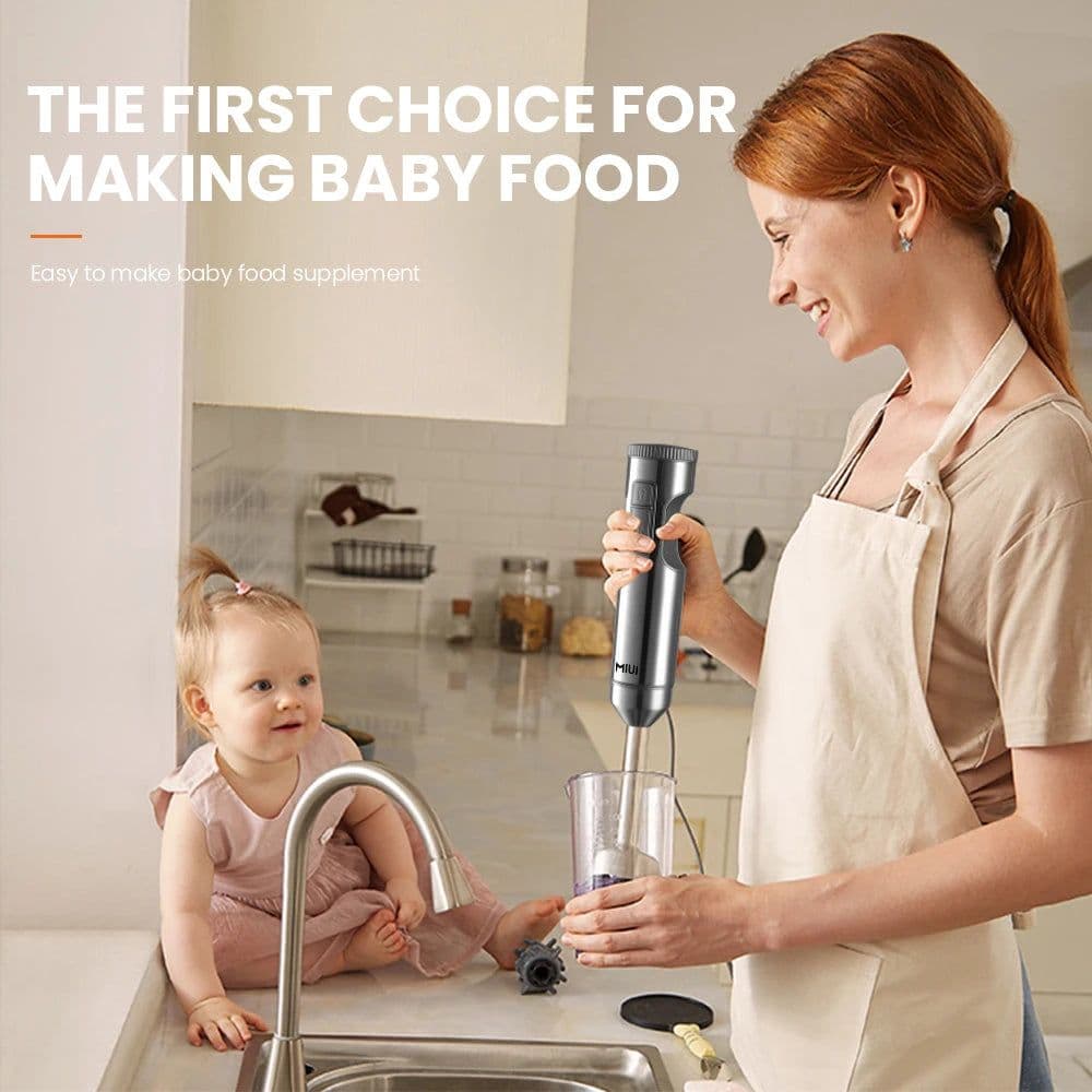 image-MIUI Hand Immersion Blender 1000W Powerful 4-in-1,Stainless Steel Stick Food Mixer,700ml Mixing Beaker,500ml Processor,Whisk