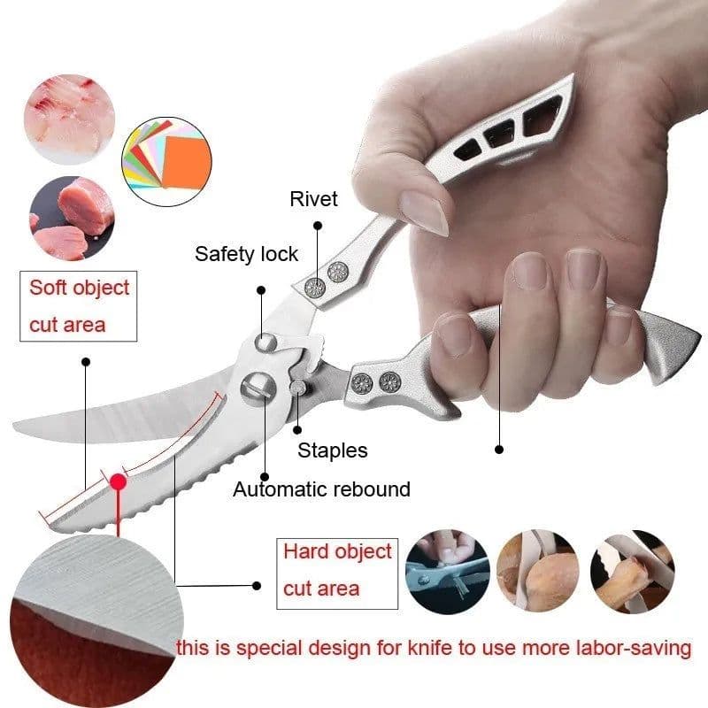 image-Kitchen Scissors Multifunctional Stainless Steel Food Scissors Chicken Bone Meat Fishing Crab Greens Cutting Trimming Scissors