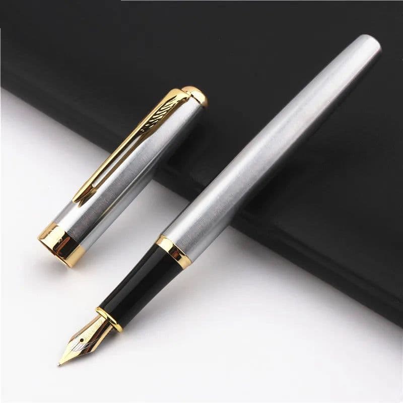 image-Baoer 388 Classic Stainless steel Business Medium Nib Fountain Pen new Silver Golden Trim