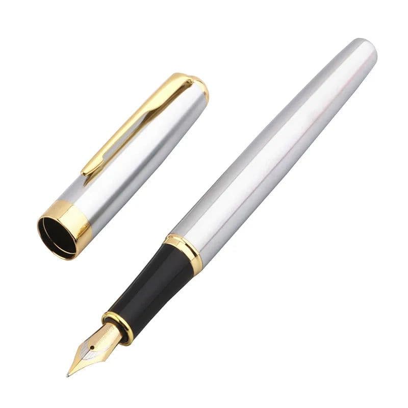 image-Baoer 388 Classic Stainless steel Business Medium Nib Fountain Pen new Silver Golden Trim
