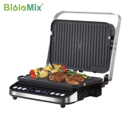 image-BioloMix 2000W Electric Contact Grill Digital Griddle and Panini Press, Optional Waffle Maker Plates, Opens 180 Degree Barbecue
