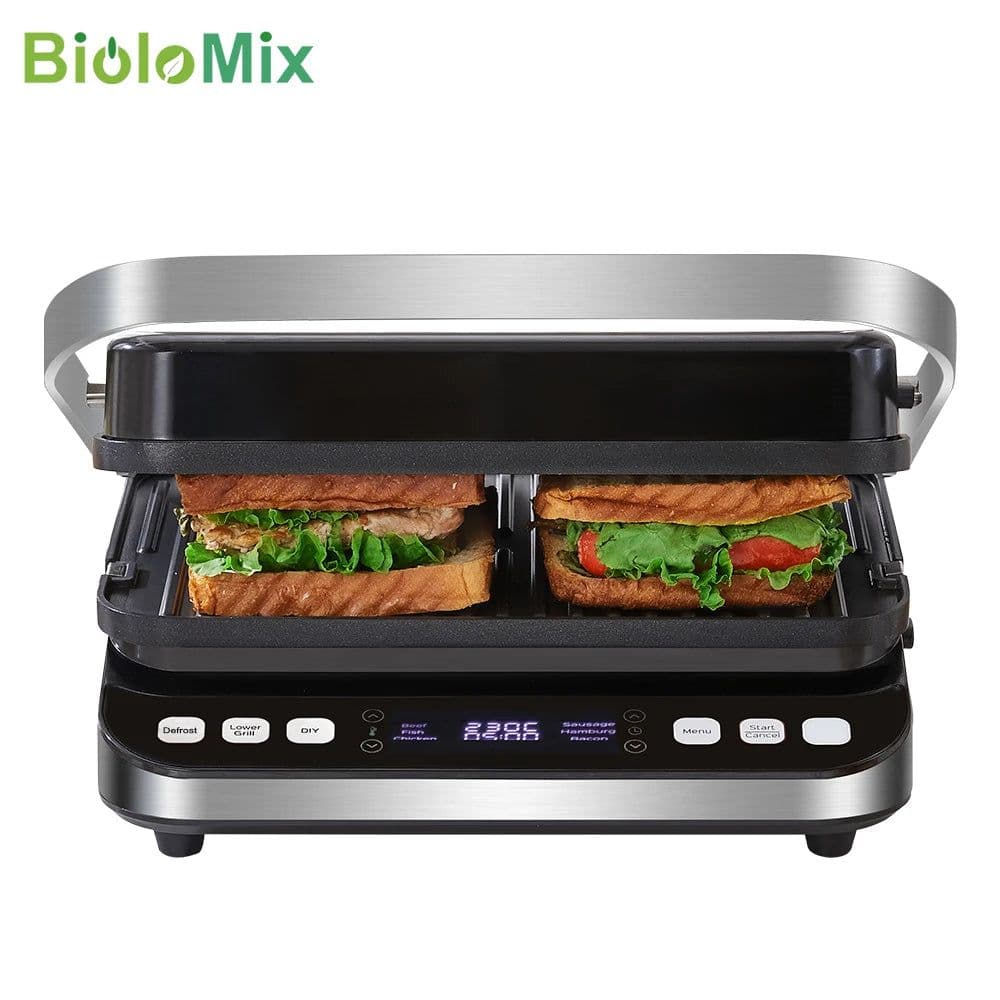 image-BioloMix 2000W Electric Contact Grill Digital Griddle and Panini Press, Optional Waffle Maker Plates, Opens 180 Degree Barbecue