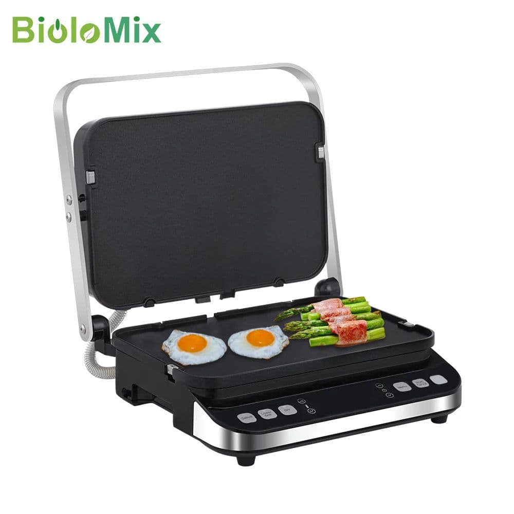 image-BioloMix 2000W Electric Contact Grill Digital Griddle and Panini Press, Optional Waffle Maker Plates, Opens 180 Degree Barbecue