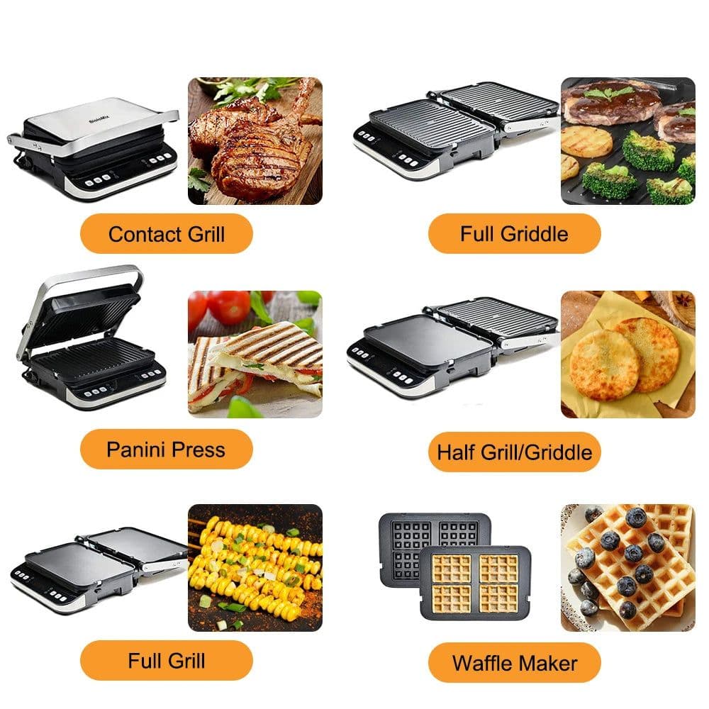 image-BioloMix 2000W Electric Contact Grill Digital Griddle and Panini Press, Optional Waffle Maker Plates, Opens 180 Degree Barbecue