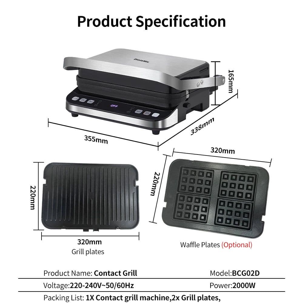 image-BioloMix 2000W Electric Contact Grill Digital Griddle and Panini Press, Optional Waffle Maker Plates, Opens 180 Degree Barbecue