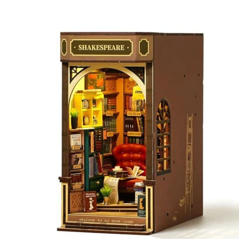 image-Robotime Rolife DIY Book Nook Kits Bookstore with Lights Easy Assemble DIY Miniature Amazing gift for Child TGB07