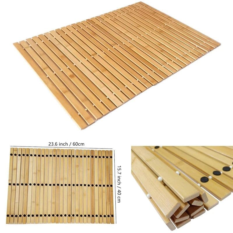 image-Natural Bamboo Wood Bath Mat Bathroom Sauna Spa Bathtub Kitchen Accessories Foldbale Bamboo Bath shower Mat with Non Slip