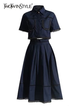 image-TWOTWINSTYLE Solid Summer Two Piece Sets For Women Lapel Short Sleeve Tops High Waist A Line Skirt Slim Set Female Fashion New