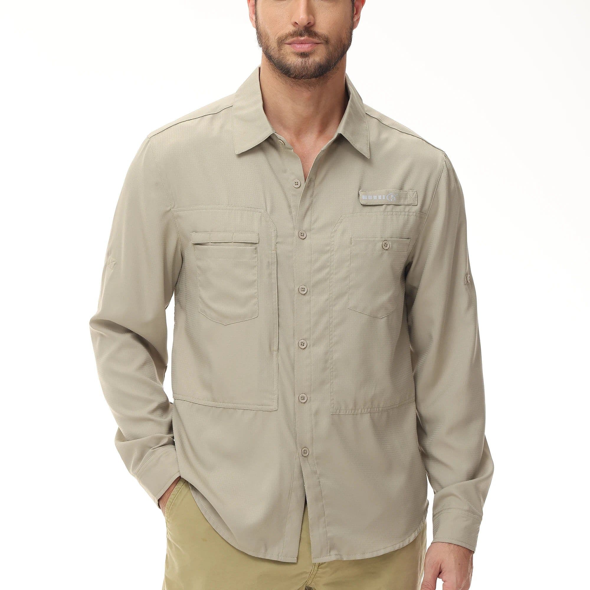 image-Men's Fishing Shirts Casual Cargo Hiking Shirt Long Sleeve UPF 50+ Button Down Tactical Shirts Men's Blouse for Working Hiking