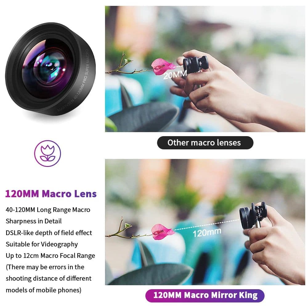 image-MARTVSEN 120MM Macro Lens, Professional 5K HD 10x Super Macro Universal Clip Camera Photo Lens for iPhone Samsung Andriod
