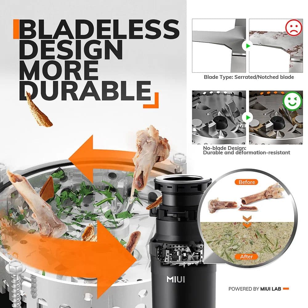 image-MIUI Continuous Feed Garbage Disposal with Sound Reduction,1/2 HP Stainless Steel Food Waste Grinding System,Power Cord Included