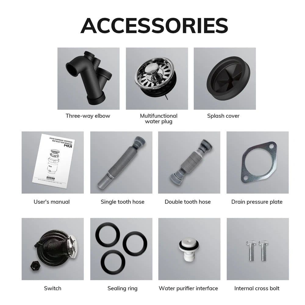 image-MIUI Continuous Feed Garbage Disposal with Sound Reduction,1/2 HP Stainless Steel Food Waste Grinding System,Power Cord Included