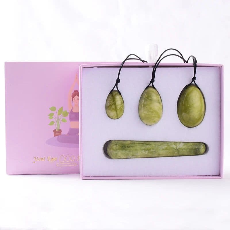 image-Wholesale Drop Shipping Drilled Yoni Egg Set 4pc Box Natural Jade Yoni Wand Kegel Exerciser Massage Healty Tools Gift For Wife