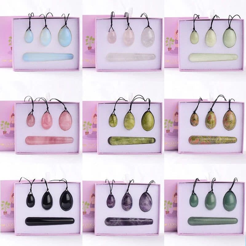 image-Wholesale Drop Shipping Drilled Yoni Egg Set 4pc Box Natural Jade Yoni Wand Kegel Exerciser Massage Healty Tools Gift For Wife