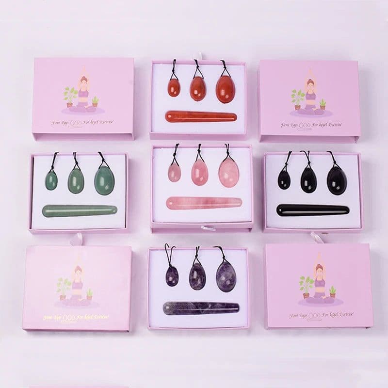 image-Wholesale Drop Shipping Drilled Yoni Egg Set 4pc Box Natural Jade Yoni Wand Kegel Exerciser Massage Healty Tools Gift For Wife