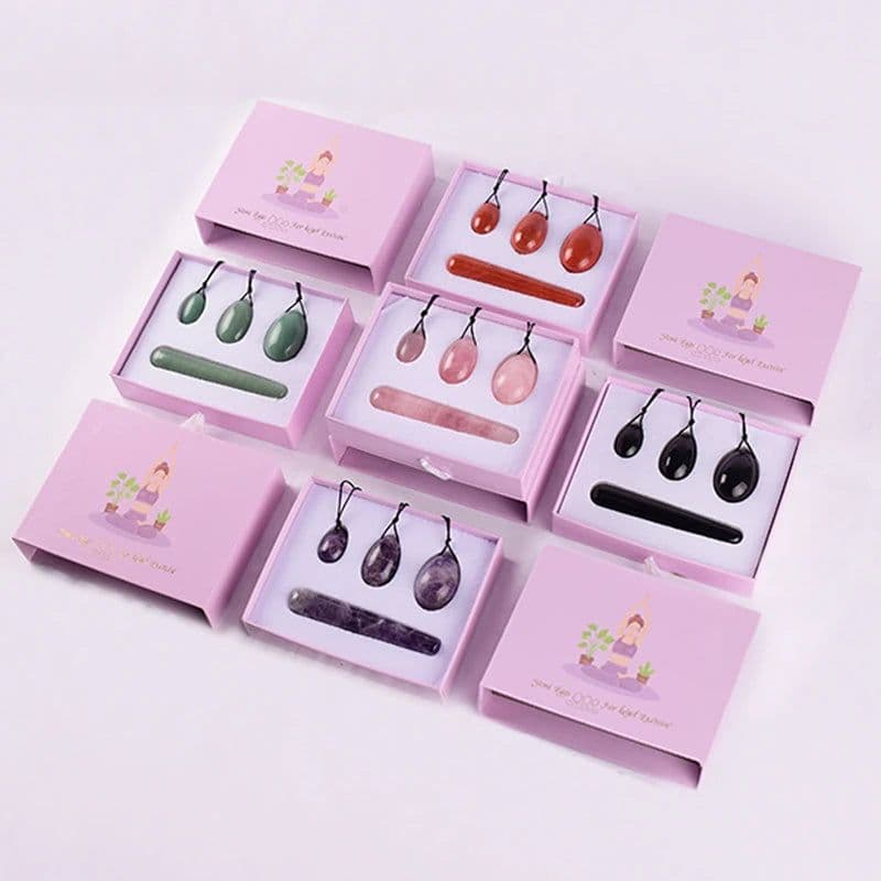 image-Wholesale Drop Shipping Drilled Yoni Egg Set 4pc Box Natural Jade Yoni Wand Kegel Exerciser Massage Healty Tools Gift For Wife
